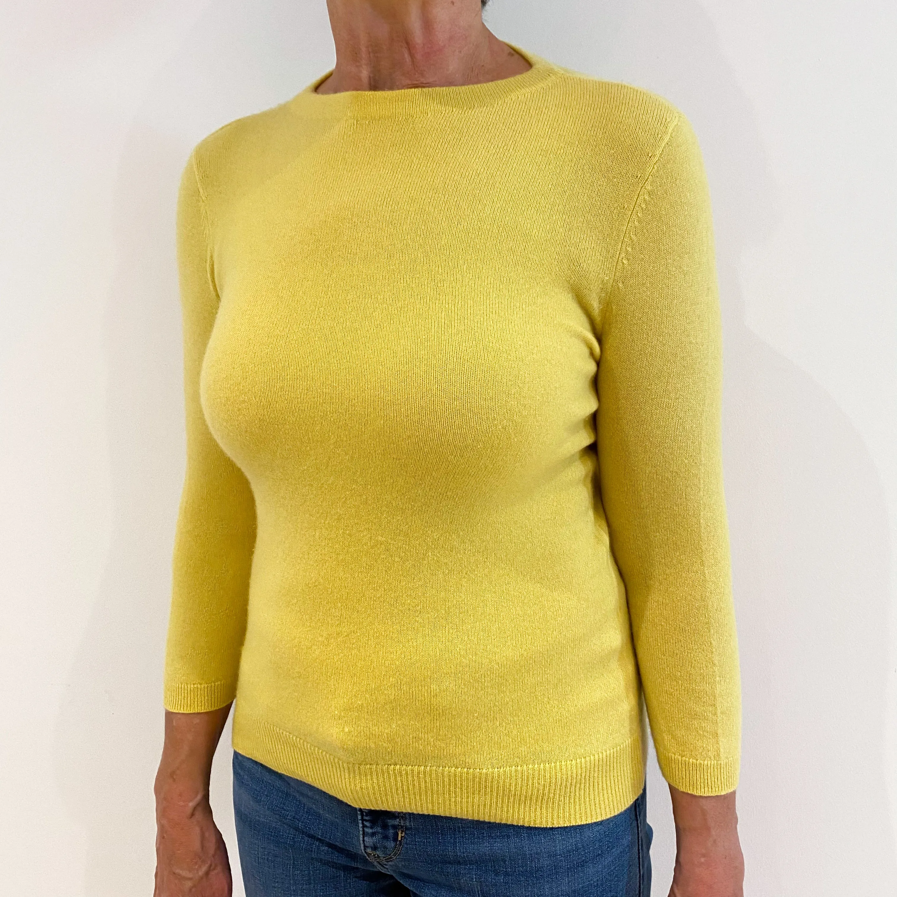Lemon Yellow 3/4 Sleeved Cashmere Crew Neck Jumper Medium