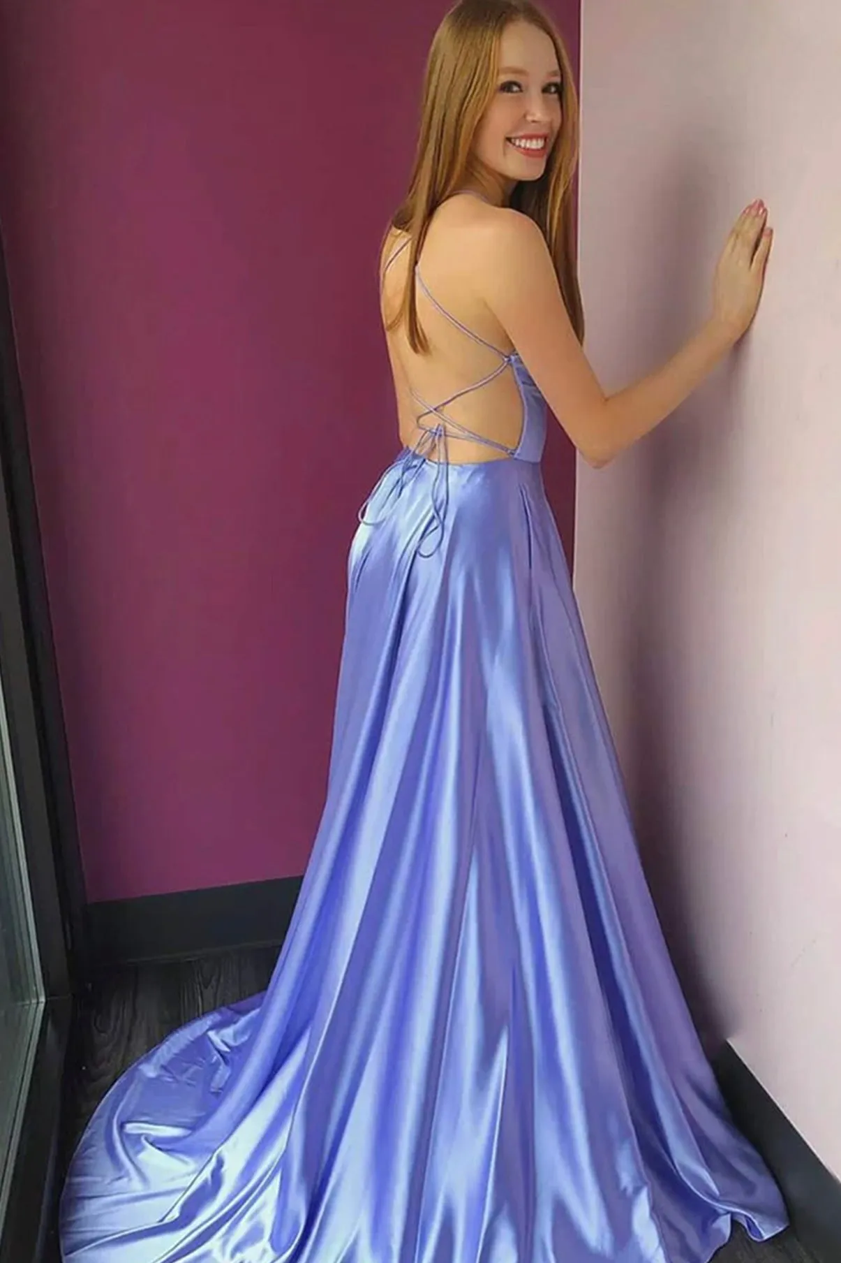 Lilac Satin V-neck Spaghetti Straps Long Prom Dress with Pockets