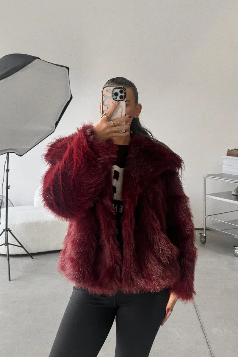 MILA Faux Fur Jacket - Burgundy Red