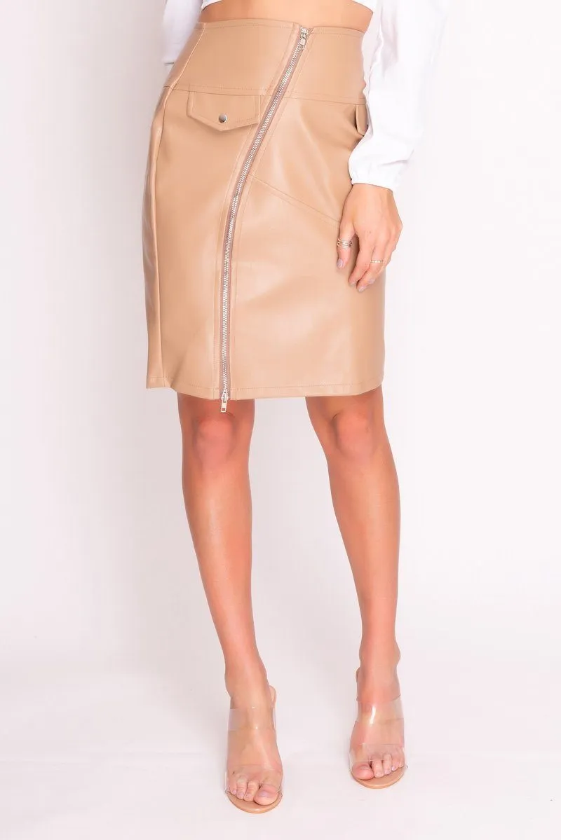 Nude Faux Leather Zip Front Midi Skirt
