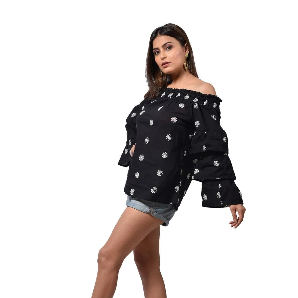 Off Shoulder Top With Double Layer Sleeves