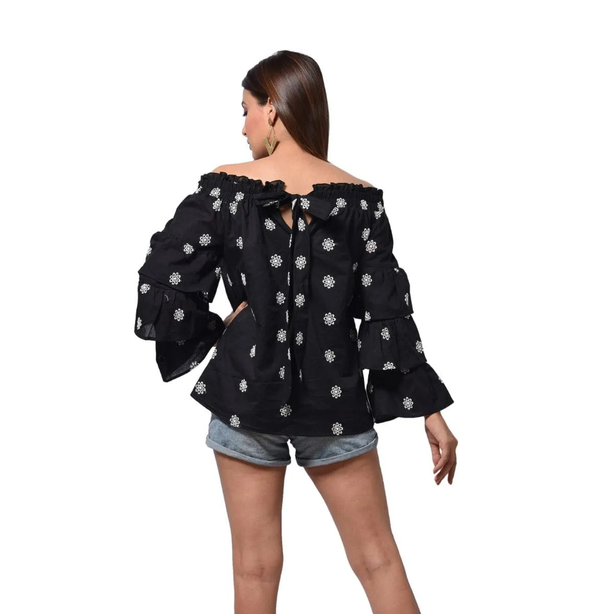 Off Shoulder Top With Double Layer Sleeves