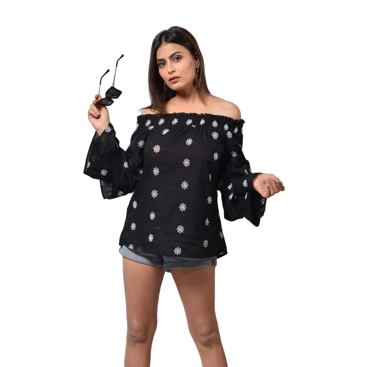 Off Shoulder Top With Double Layer Sleeves