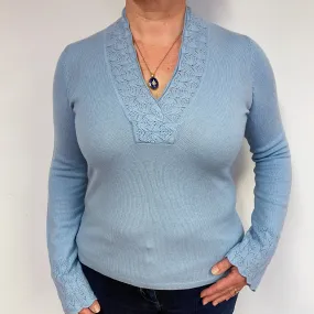 Pale Blue Lace Cashmere V-Neck Jumper Large