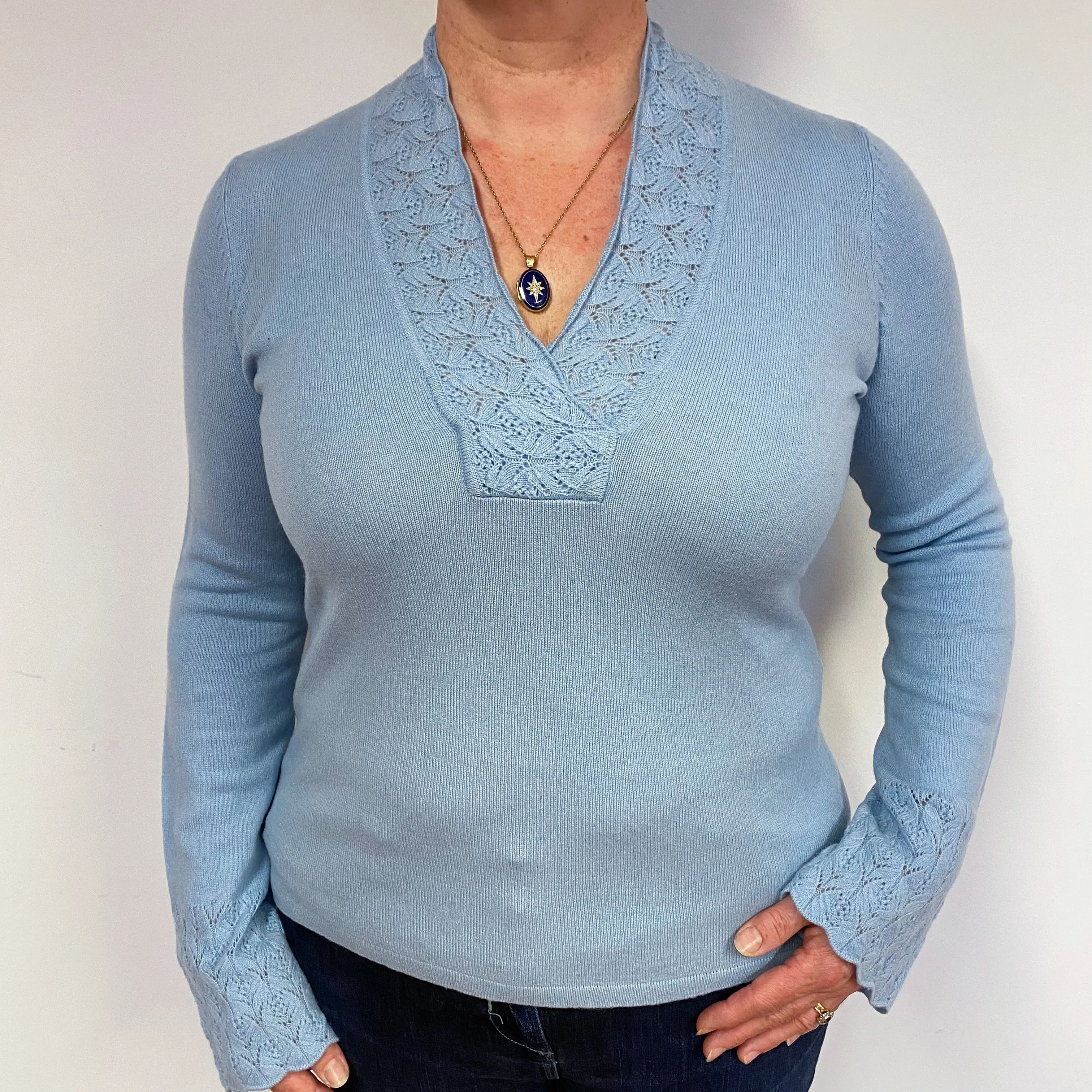 Pale Blue Lace Cashmere V-Neck Jumper Large