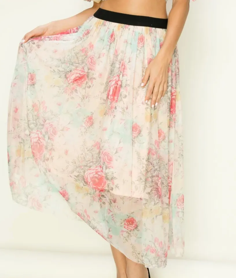 Peach Primrose Floral Tulle Midi Skirt