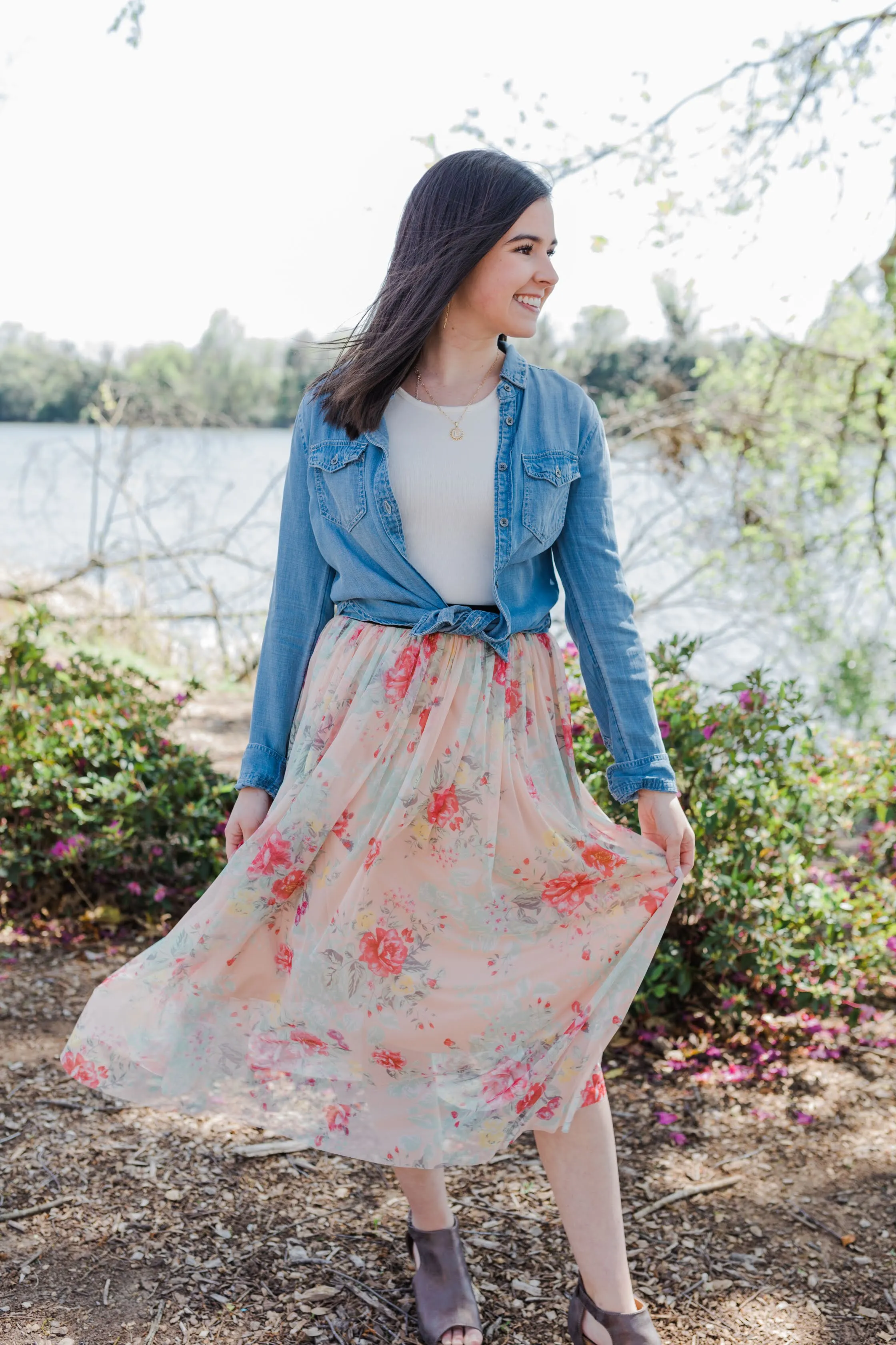 Peach Primrose Floral Tulle Midi Skirt