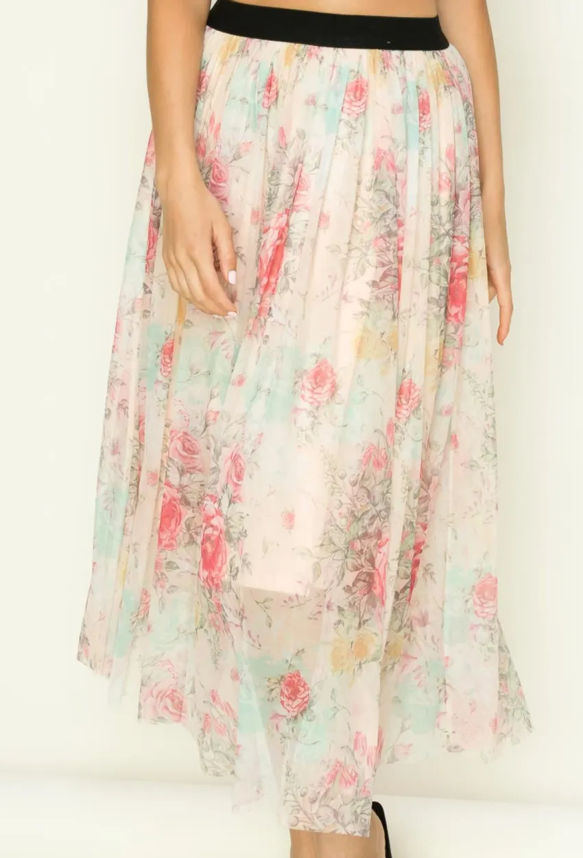 Peach Primrose Floral Tulle Midi Skirt