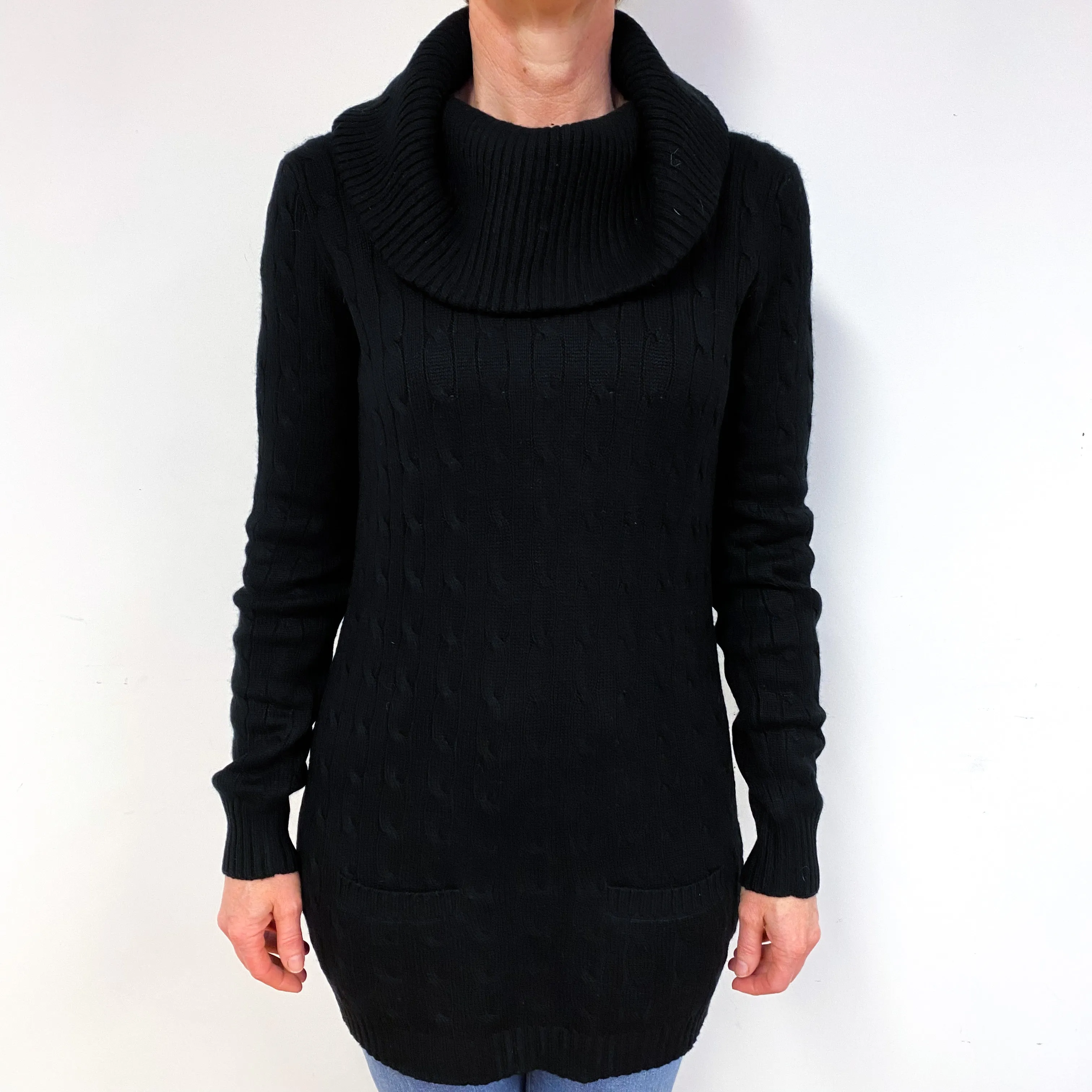 Ralph Lauren Black Cable Knit Cashmere Polo Neck Jumper Medium