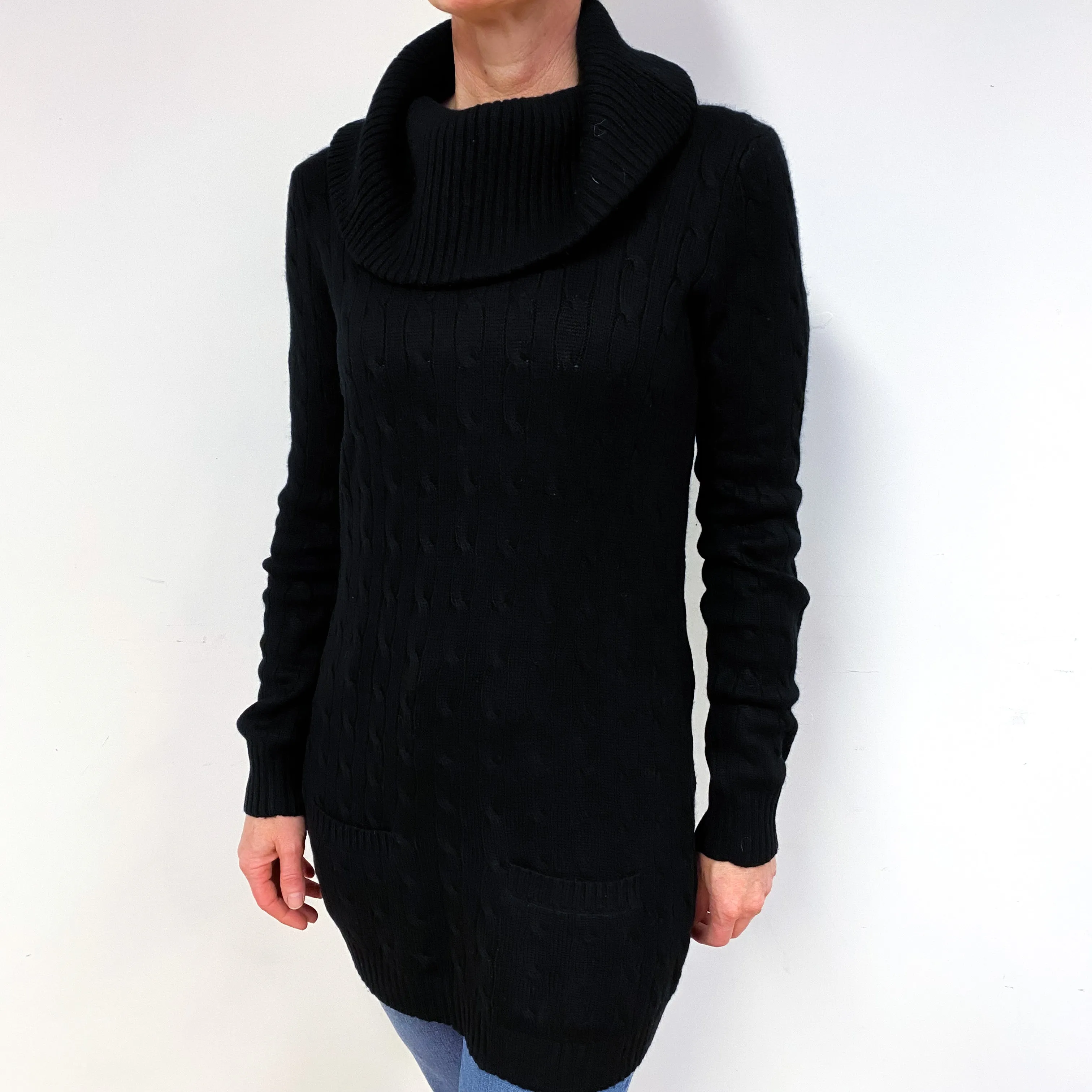 Ralph Lauren Black Cable Knit Cashmere Polo Neck Jumper Medium