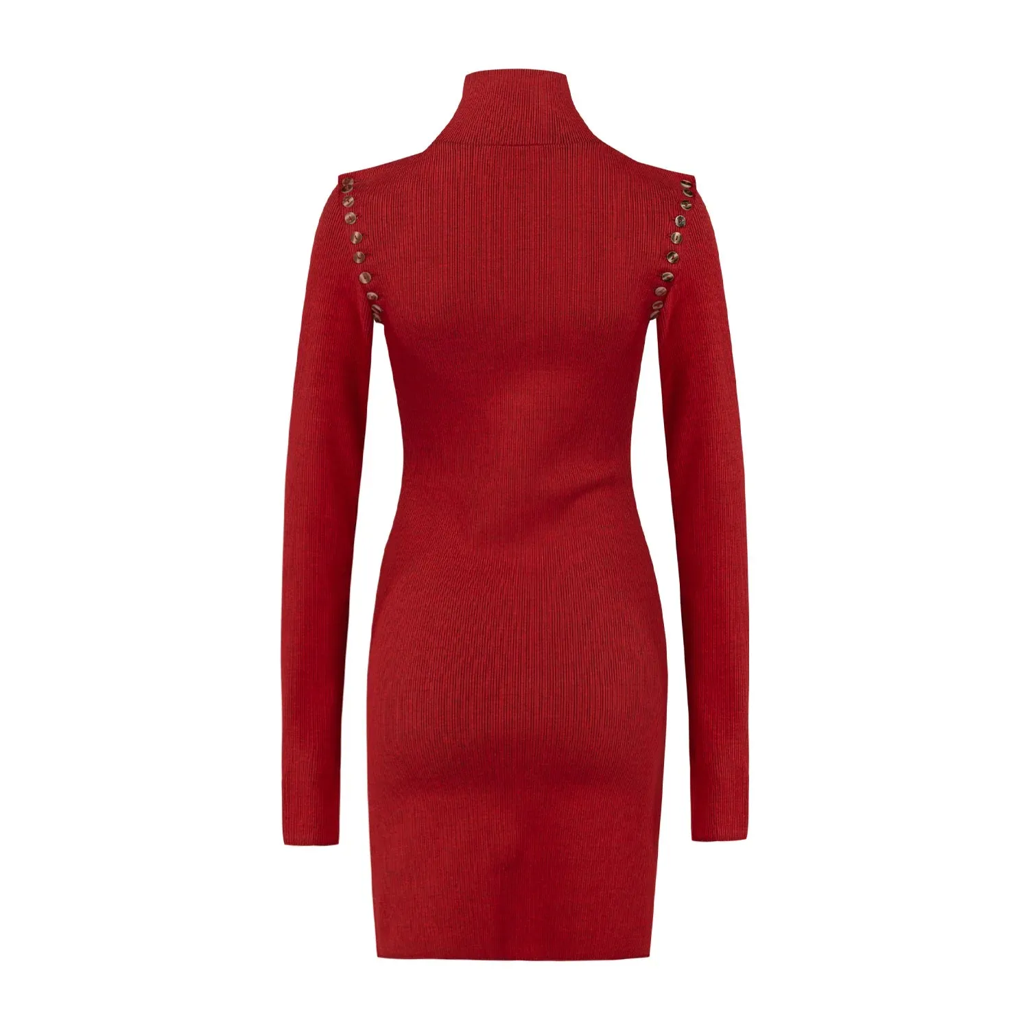 Red Button Detail Ribbed Dress