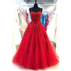Red Tulle Appliques Spaghetti Straps A-line Long Prom Dress Lace-up