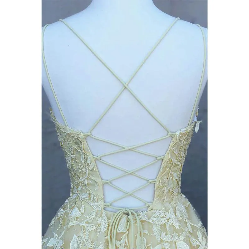 Red Tulle Appliques Spaghetti Straps A-line Long Prom Dress Lace-up