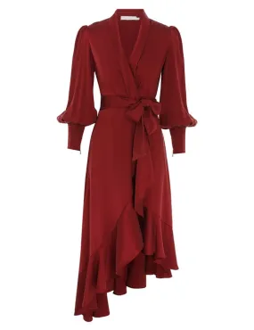Silk Wrap Midi Dress (Burgundy )
