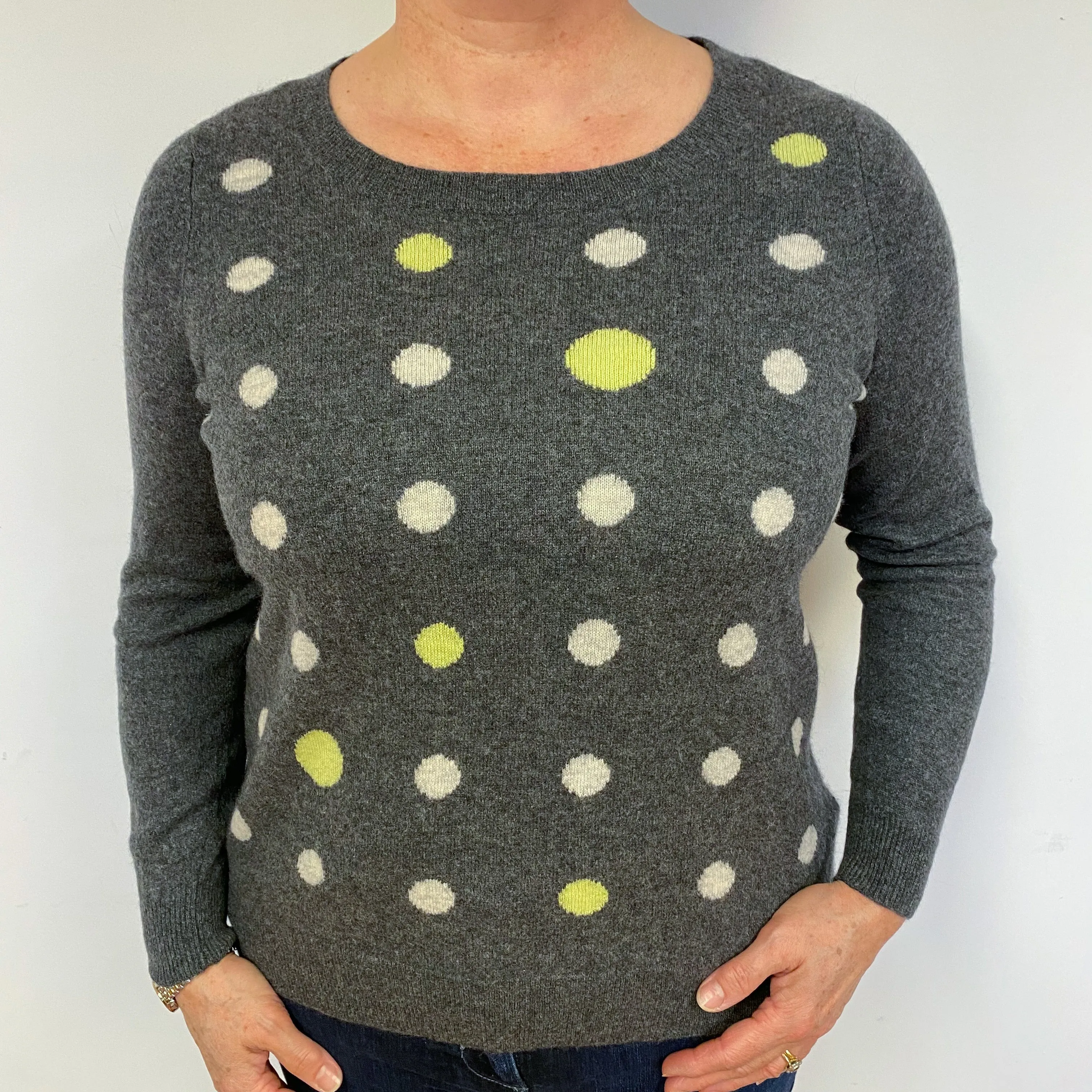 Slate Grey Spotty Cashmere Crew Neck Jumper Large.