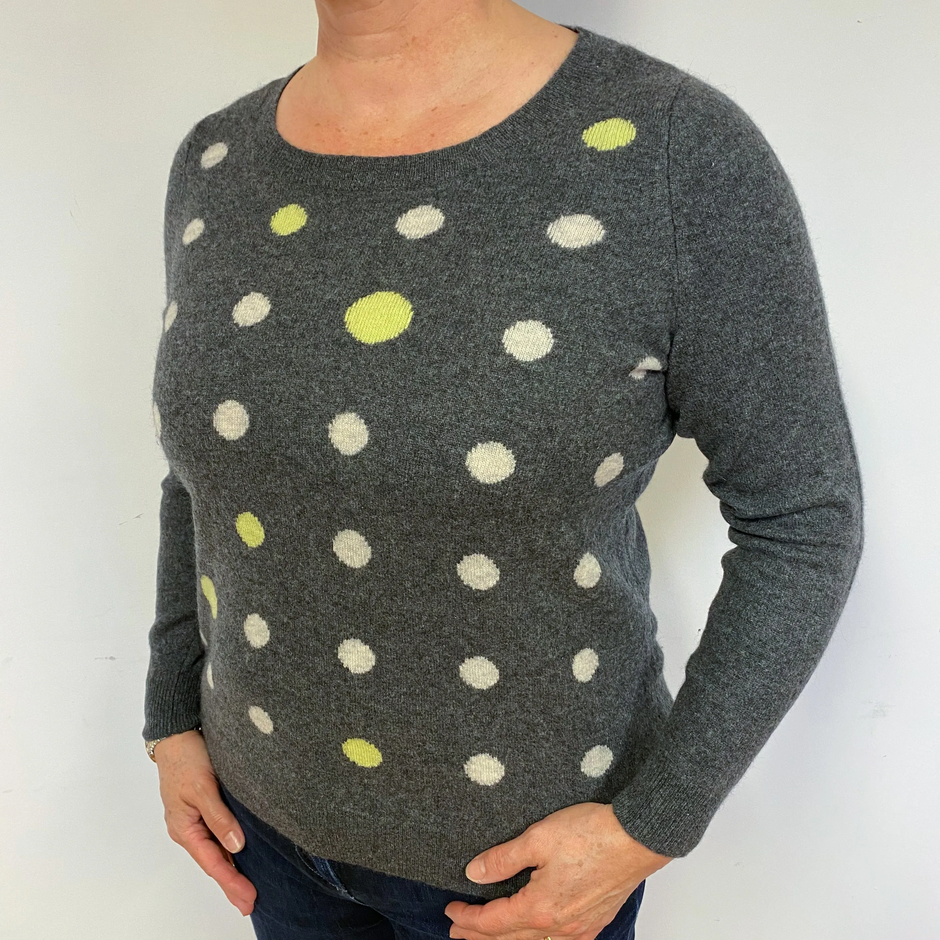 Slate Grey Spotty Cashmere Crew Neck Jumper Large.