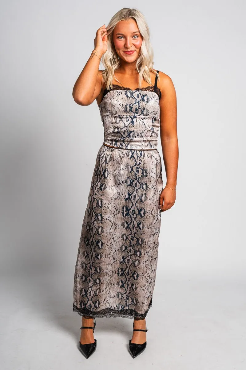 Snakeskin midi skirt taupe