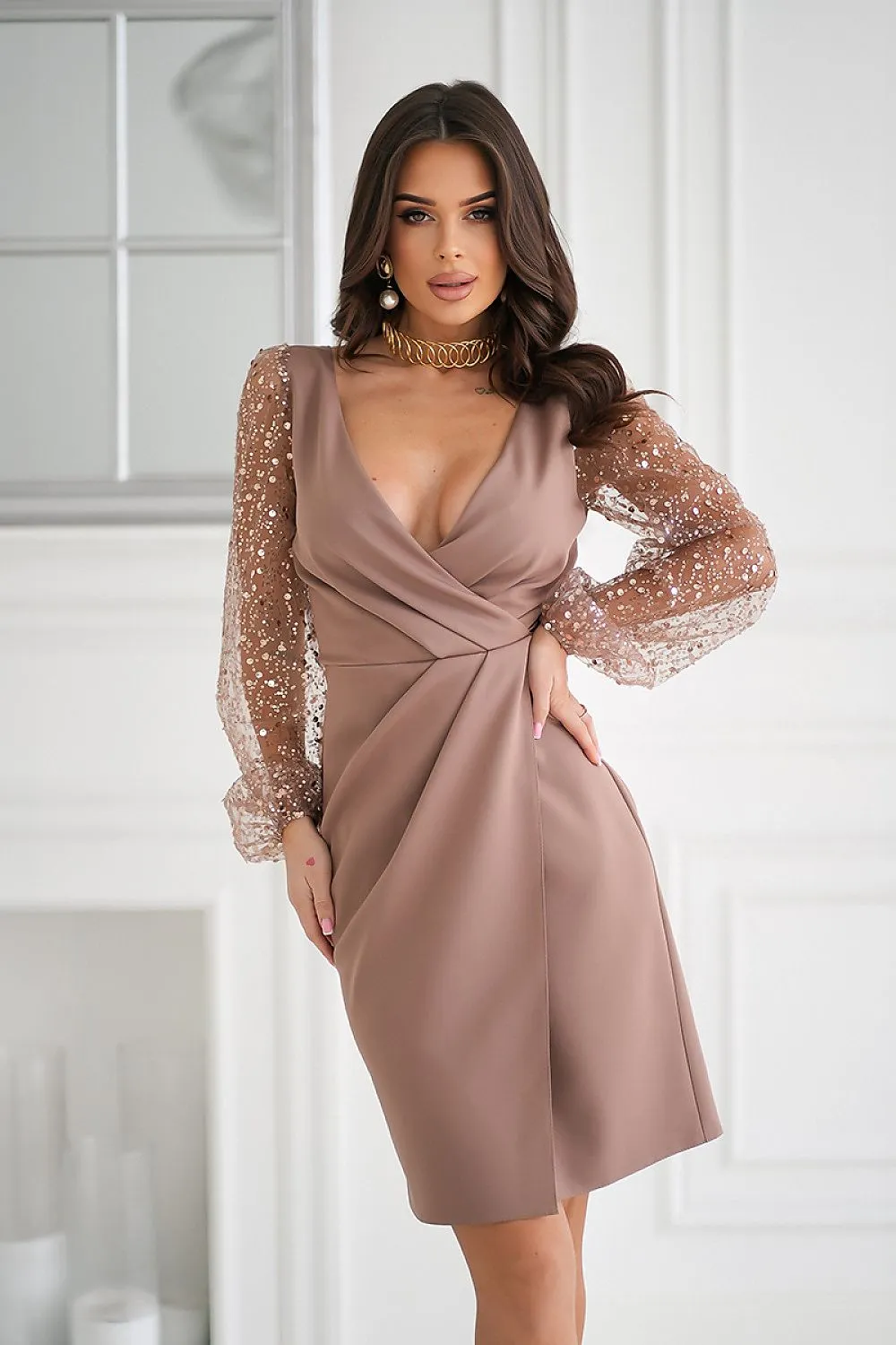 Stunning long sequin sleeves evening dress
