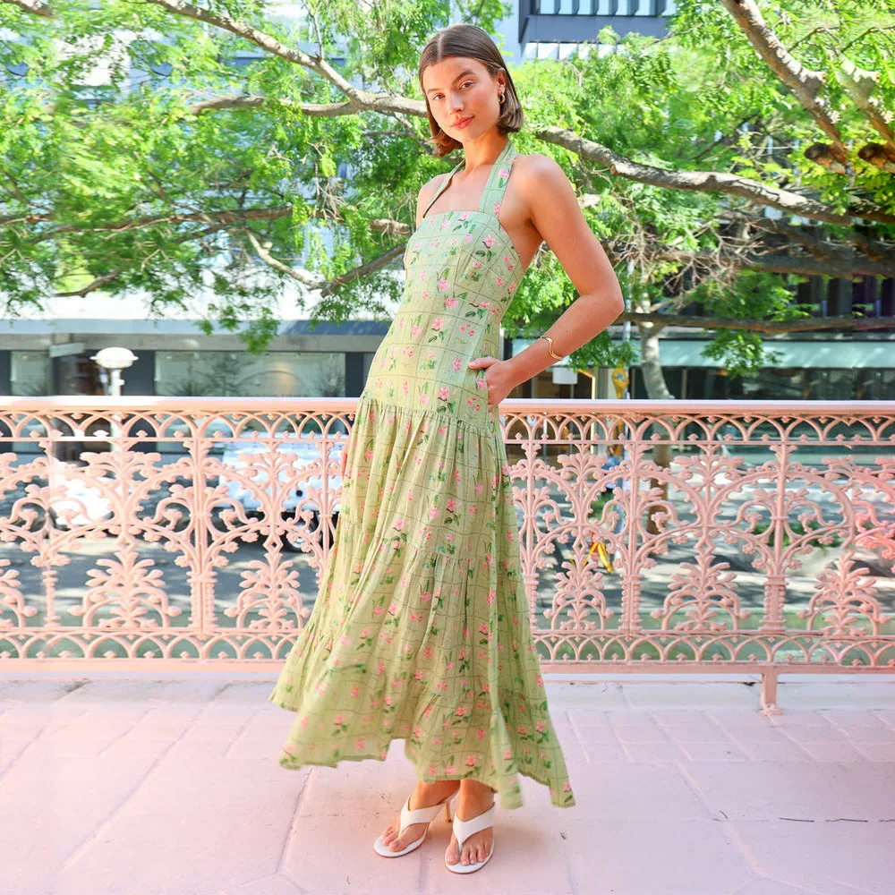 Sweet Printed Sleeveless Halter Backless A Line Dress