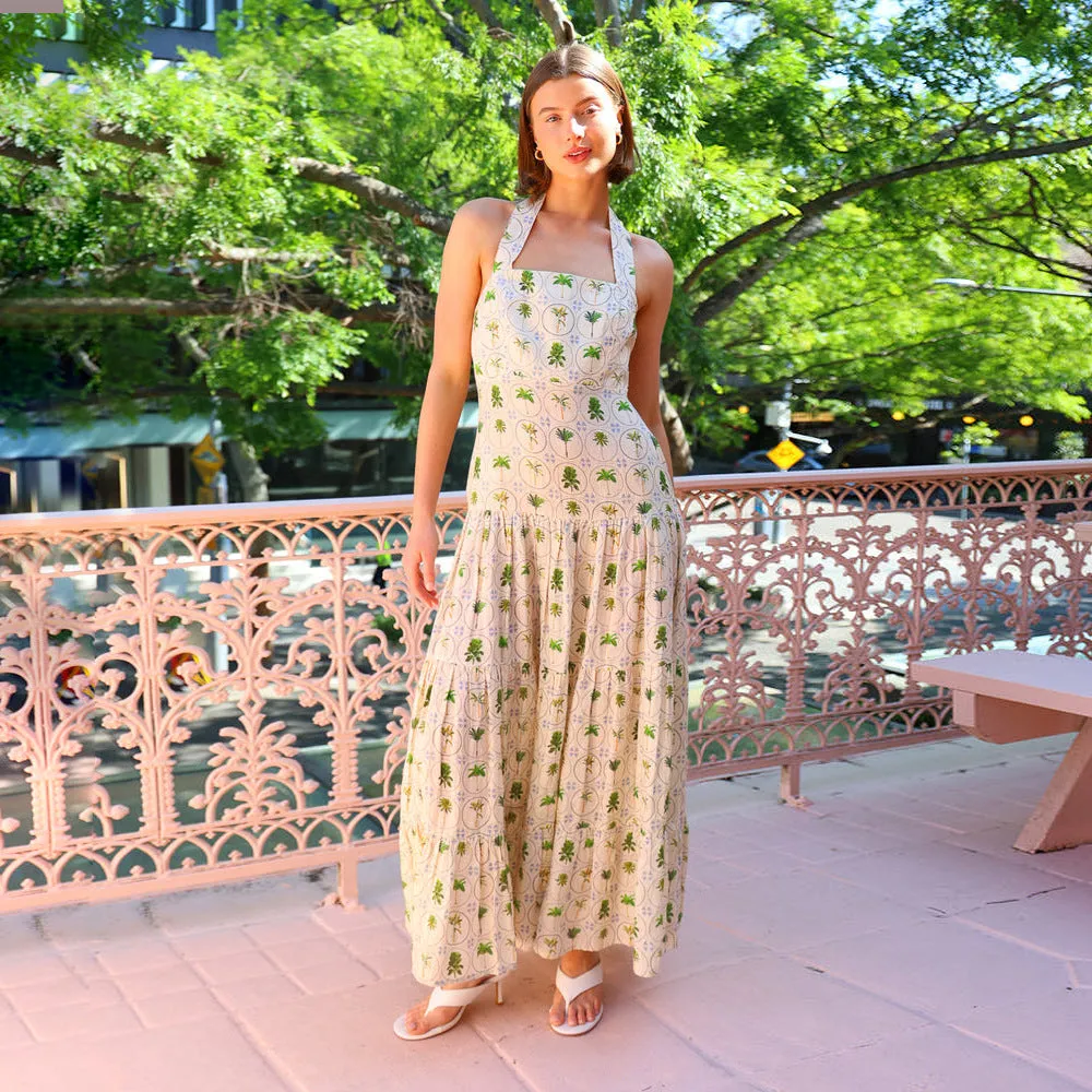 Sweet Printed Sleeveless Halter Backless A Line Dress