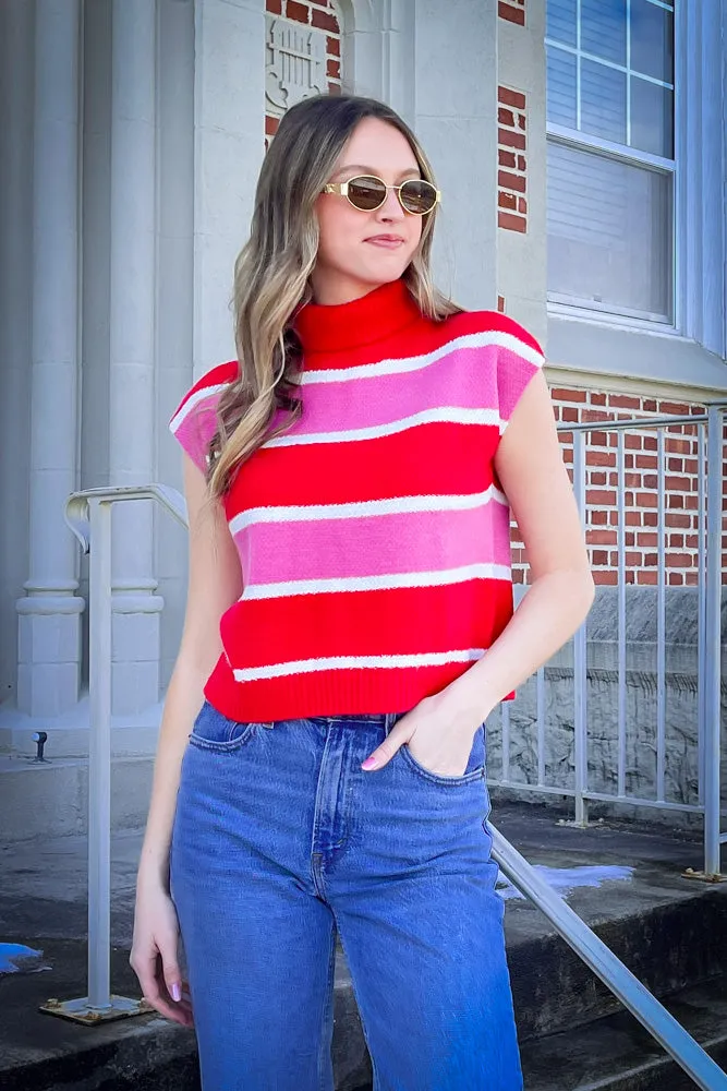 THML-Turtleneck Striped Knit Top-Red