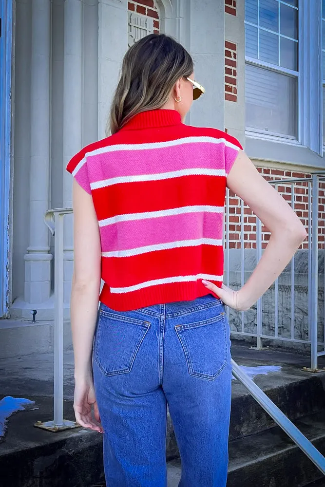 THML-Turtleneck Striped Knit Top-Red