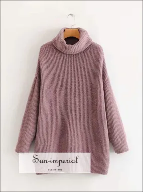 Women Light Purple Oversized Turtleneck Loose Pullovers Jumper Soft Warm Sweater