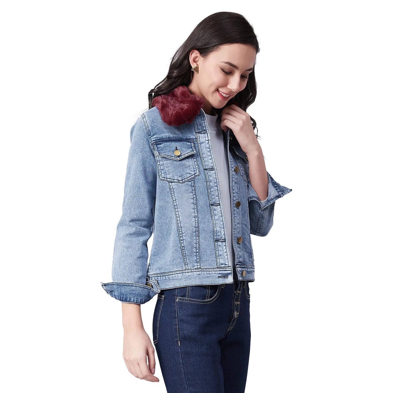 Women's Distressed Denim Jacket with Detachable Maroon Fur Collar - StyleStone