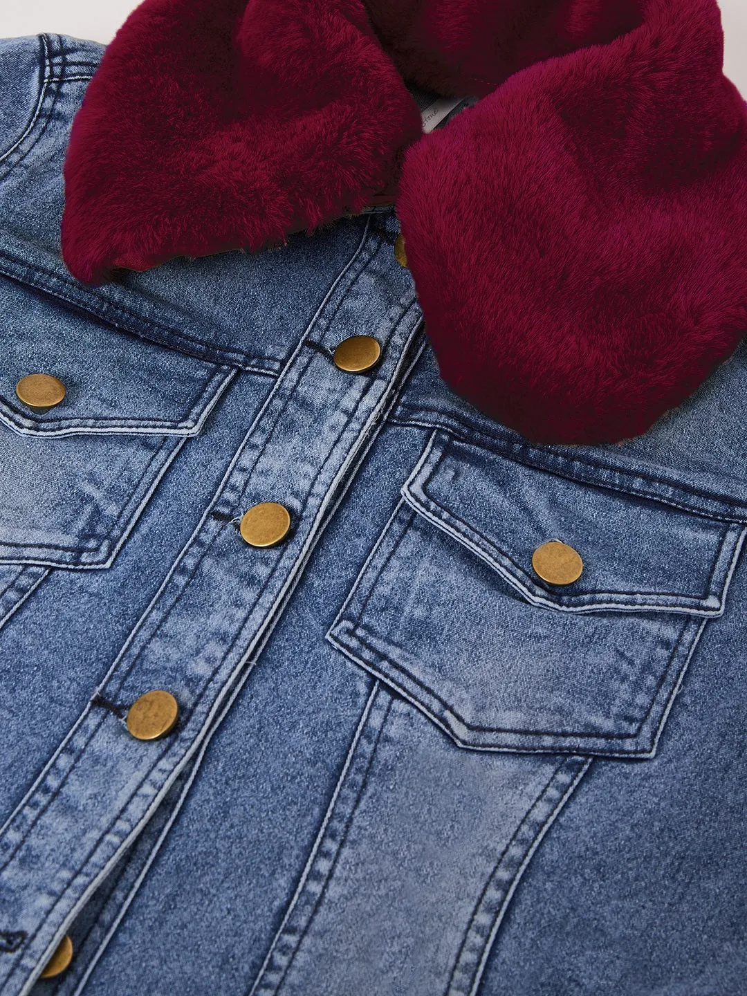 Women's Distressed Denim Jacket with Detachable Maroon Fur Collar - StyleStone