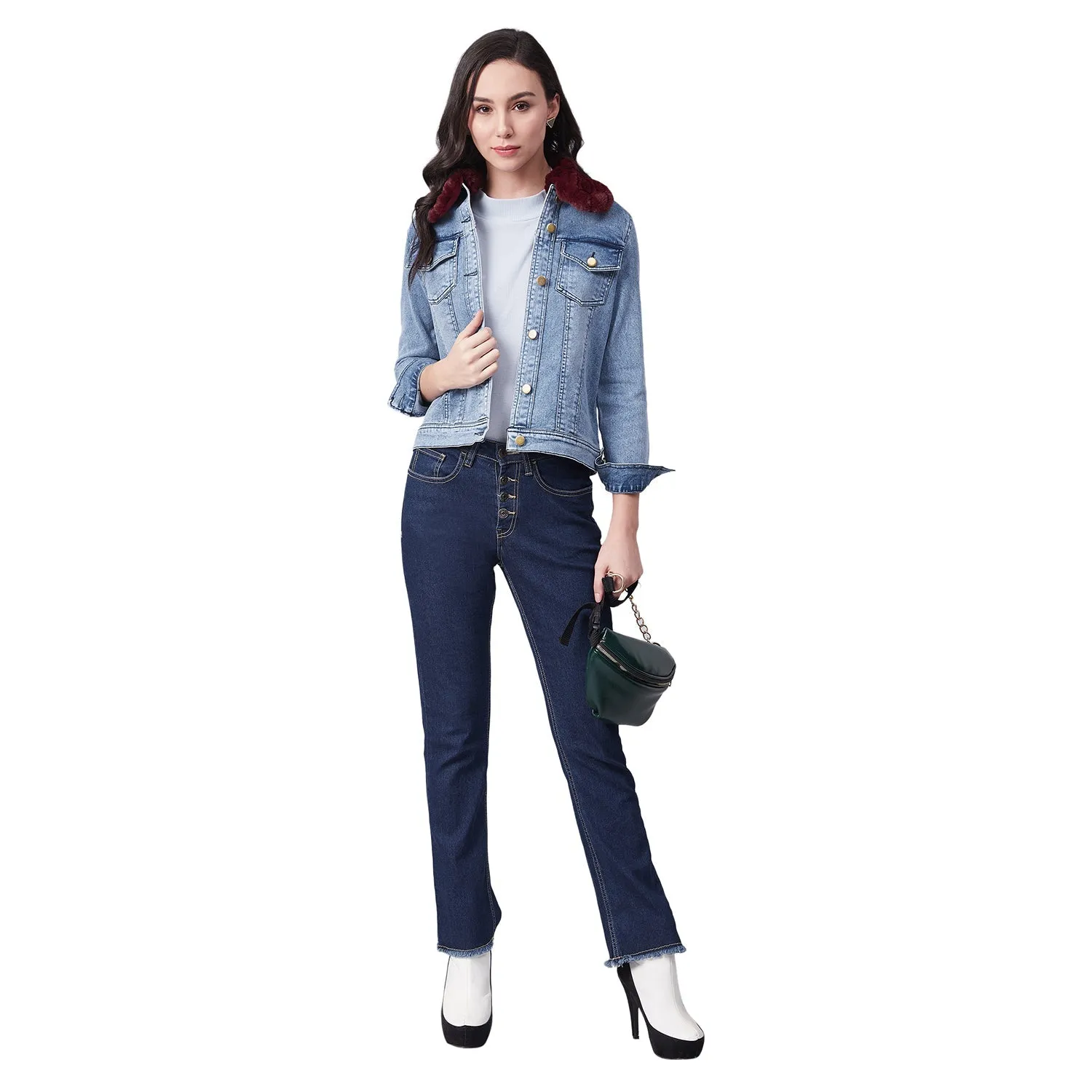 Women's Distressed Denim Jacket with Detachable Maroon Fur Collar - StyleStone