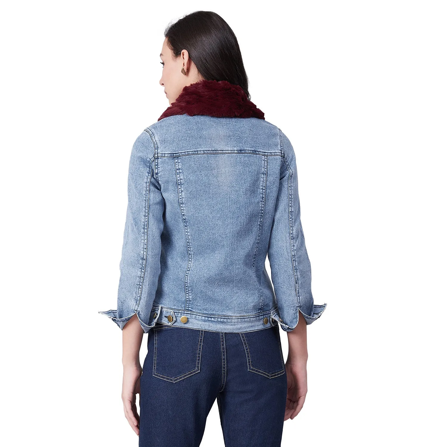 Women's Distressed Denim Jacket with Detachable Maroon Fur Collar - StyleStone