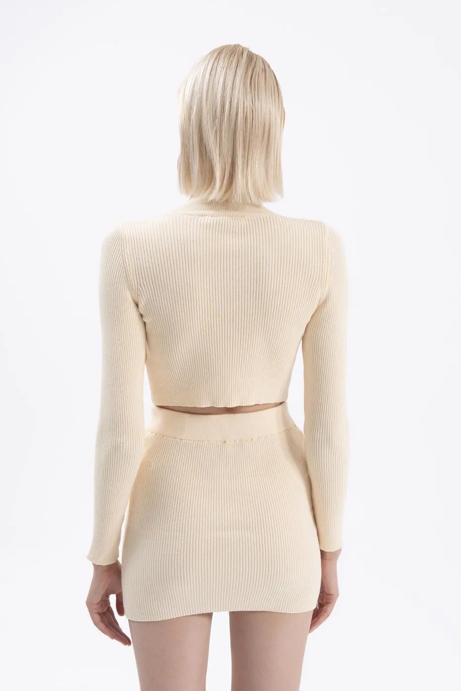 Yellow Stand Collar Crop Knitted Blouse